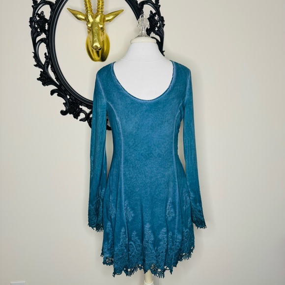 Black Swan Hand Dyed Teal Blue Long Bell Sleeve Dress with Appliqués and Lace - Picture 1 of 9